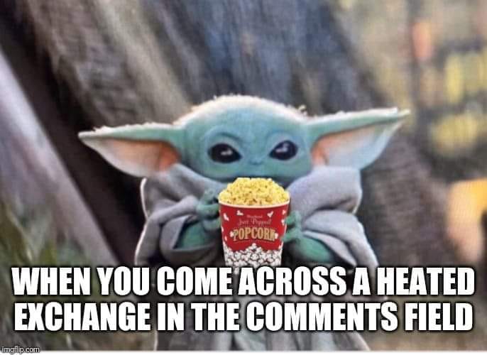 This meme features a cartoon character from the Star Wars franchise, Grogu (also known as Baby Yoda), holding a cup of popcorn and giving a sly, mischievous look. The text accompanying the image reads: "When you're trying to be good, but the internet is just too tempting". The meme pokes fun at the tendency to get sidetracked by online discussions and engage in snarky or humorous comments, even when trying to be responsible or professional.